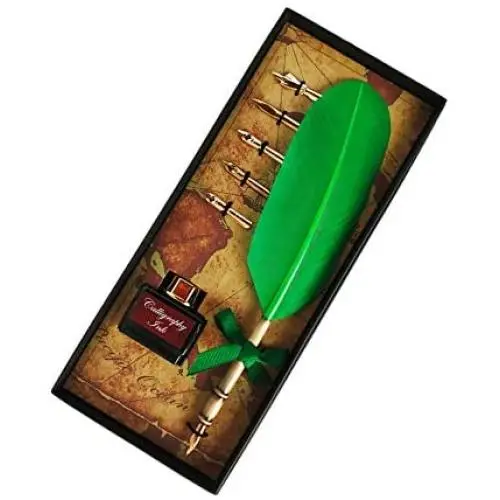 KenTaur Calligraphy Quill Pen Set (CS-0207) - Dip Pen with Green Turkey Feather, 6 Stainless Steel Nib, and European Ink. Great for Beginner/Enthusiast KenTaur Calligraphy Quill Pen Set (CS-0207) - Dip Pen with Green Turkey Feather, 6 Stainless Steel Nib, and European Ink. Great for Beginner/Enthusiast