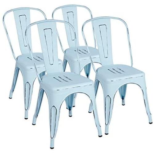Furmax Metal Dining Chair Indoor-Outdoor Use Stackable Classic Trattoria Chair Chic Dining Bistro Cafe Side Metal Chairs Set of 4 (Blue)