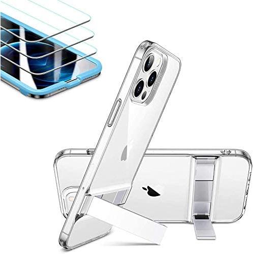 [3-Pack] ESR Tempered-Glass Screen Protector for iPhone 12/12 Pro + ESR Metal Kickstand Clear Case for iPhone 12/12 Pro