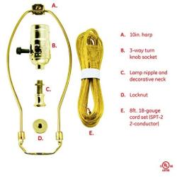 GE, Yellow, 3-Way Kit, Extra Long 8 Ft Clear Cord, 10'' Gold Harp, DIY Lamp Wiring Parts, 250VAC, 250W, UL Listed, 50960