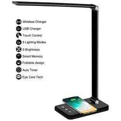 Multifunctional LED Desk Lamp with Wireless Charger, USB Charging Port, 5 Lighting Modes,5 Brightness Levels, Sensitive Control, 30/60 min Auto Timer, Eye-Caring Office Lamp with Adapter