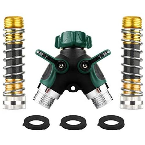 TechKen 2 Way Garden Hose Connector Y Splitter, Solid Heavy Duty Brass Metal Body Rubberized Grip Water Shut Off Valve with 2 Pcs 3/4 Faucet Extension Hose Protector Saver and 3 Rubber Washers