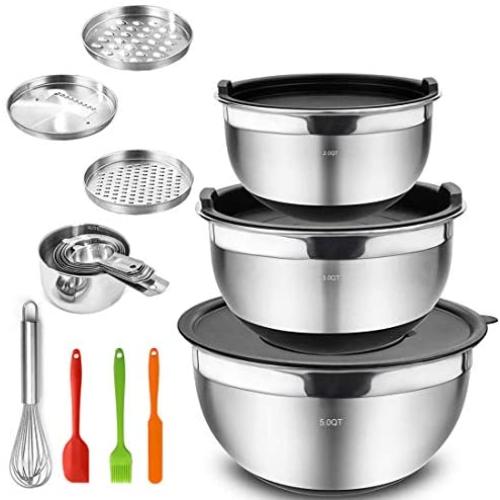 Benooa Stainless Steel Mixing Bowls Set with Airtight Lids Non-Slip Bottoms Nesting Bowls Measuring Spoons,3 Grater Attachments,Egg Whisk,Silicone Brush,Great for Mixing&Serving