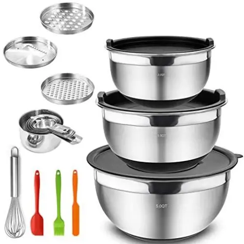 Benooa Stainless Steel Mixing Bowls Set with Airtight Lids Non-Slip Bottoms Nesting Bowls Measuring Spoons,3 Grater Attachments,Egg Whisk,Silicone Brush,Great for Mixing&Serving Benooa Stainless Steel Mixing Bowls Set with Airtight Lids Non-Slip Bottoms Nesting Bowls Measuring Spoons,3 Grater Attachments,Egg Whisk,Silicone Brush,Great for Mixing&Serving