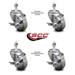 Polyurethane Swivel Threaded Stem Caster Set of 4 w/3'' x 1.25'' Gray Wheels and 1/2'' Stems - Includes 4 with Top Lock Brakes - 1000 lbs Total Capacity - Service Caster Brand