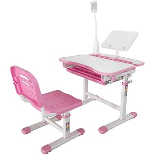 Ubbie Kids Desk and Chair Set,Height Adjustable Children Study Desk with Tilt Desktop & Metal Hook & LED Light & Bookstand and Storage Drawer for Boys Girls Pink