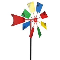 Exhart Vintage Windmill Spinner Garden Stake - Pinwheel Outdoor Decor w/Multicolor Metal Spinners - Garden Windmill with Metal Blades in Red, Light Blue, Yellow and Green Color, 12'' L x 12'' W x 54H