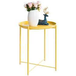 HollyHOME Tray Metal End Table, Sofa Table Small Round Side Tables, Anti-Rust and Waterproof Outdoor & Indoor Snack Table, Accent Coffee Table,（H） 20.28'' x（D） 16.38'', Yellow Cream