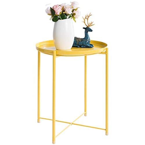 HollyHOME Tray Metal End Table, Sofa Table Small Round Side Tables, Anti-Rust and Waterproof Outdoor & Indoor Snack Table, Accent Coffee Table,（H） 20.28'' x（D） 16.38'', Yellow Cream