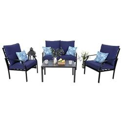 MFSTUDIO 4 Piece Outdoor Metal Furniture Sets Patio Cushioned Conversation Set with 4 Free Pillows for Home, Porch, Lawn, (Loveseat, Coffee Table, 2 Single Chair),Navy-Blue