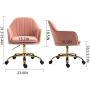 HOMHUM Modern Velvet Home Office Computer Desk Task Chair with Wheels, Mid-Back Adjustable Swivel with Arms Chair, Pink Vanity Chair with Gold Metal Base