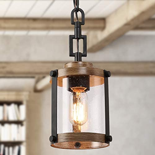 LOG BARN Pendant Lighting for Kitchen Island, Farmhouse Mini Chandelier in Faux Wood Metal with Bubbled Glass Shade, Rustic Ceiling Fixture Hanging for Dining Room, Hallway