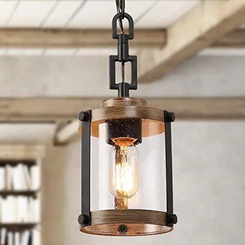 LOG BARN Pendant Lighting for Kitchen Island, Farmhouse Mini Chandelier in Faux Wood Metal with Bubbled Glass Shade, Rustic Ceiling Fixture Hanging for Dining Room, Hallway LOG BARN Pendant Lighting for Kitchen Island, Farmhouse Mini Chandelier in Faux Wood Metal with Bubbled Glass Shade, Rustic Ceiling Fixture Hanging for Dining Room, Hallway