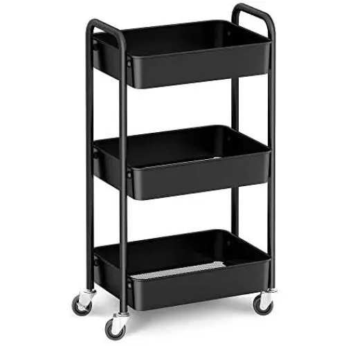 CAXXA 3-Tier Rolling Metal Storage Organizer - Mobile Utility Cart, Kitchen Cart with Caster Wheels (Black)