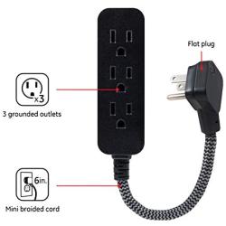 GE Designer 1 Ft Power Strip with 6 Inch Braided Extension 3 Grounded Outlets, Flat Plug, Mini Cord, Premium, Black, 45191