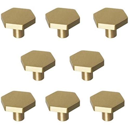 RZDEAL 1-1/10'' Solid Brass Knobs Shoe Cabinets Knob and Pulls Brushed Gold Hexagon Handles for Dresser Drawer (8Pcs)