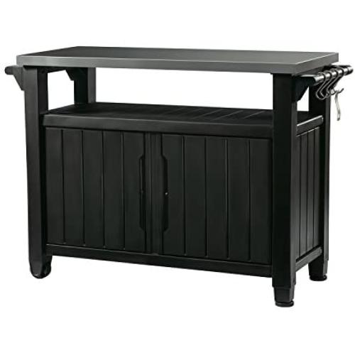 Keter Unity XL Portable Outdoor Table and Storage Cabinet with Hooks for Grill Accessories-Stainless Steel Top for Patio Kitchen Island or Bar Cart, Dark Grey