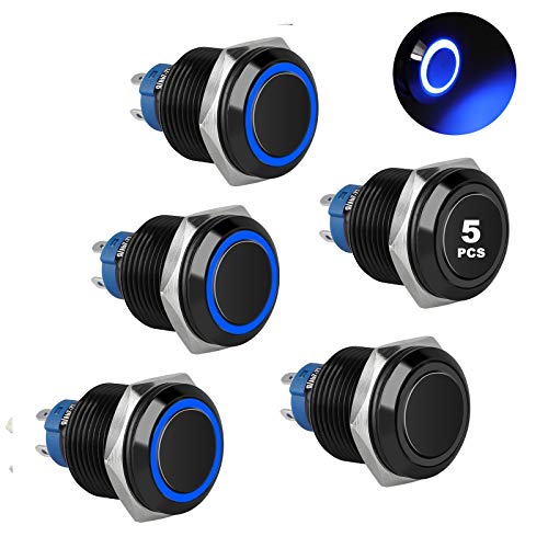 5Pcs 16mm Metal Latching Push Button Switch with Blue LED Light DC 12V/24V, Black ON/Off 4 Pin Self-Locking Round Waterproof Marine Switch for Car RV Truck Boat SPDT