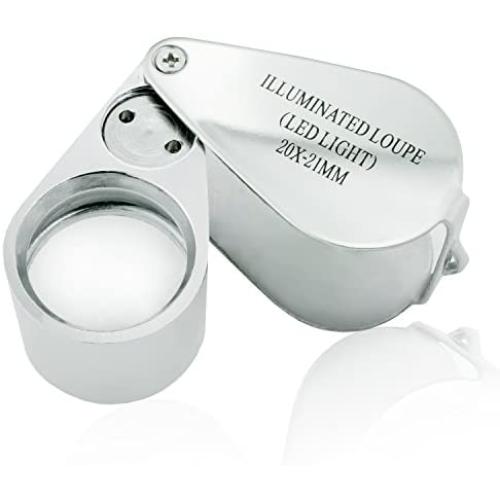 20X Illuminated Jeweler LED UV Lens Loupe Magnifier with Metal Construction and Optical Glass, with Kare and Kind Retail Package (20X x 21 mm, Silver)