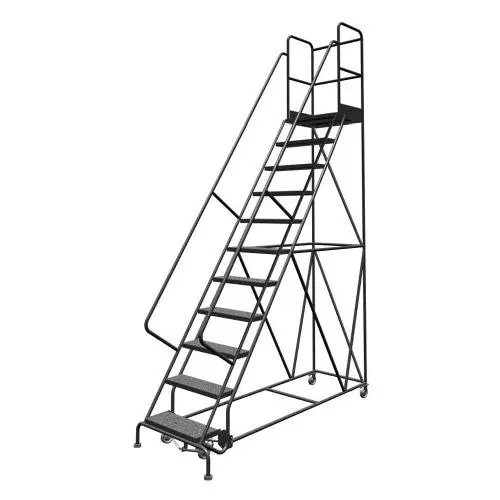 Tri-Arc KDSR111246-D2 11-Step 20'' Deep Top Steel Rolling Industrial & Warehouse Ladder with Handrails, 24'' Wide Perforated Tread