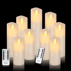 Vinkor Flameless Candles Led Candles Set of 9(H 4'' 5'' 6'' 7'' 8'' 9'' xD 2.2'') Ivory Real Wax Battery Operated Candles with Moving LED Flame & 10-Key Remote Control 2/4/6/8 Hours Timer