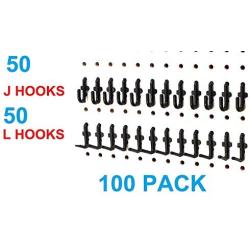 Plastic Black J and L Style Peg Board Hooks Combo Kit - 100 Pack | Garage Tool Craft Jewelry Storage Pegboard Organizer