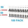 Plastic Black J and L Style Peg Board Hooks Combo Kit - 100 Pack | Garage Tool Craft Jewelry Storage Pegboard Organizer