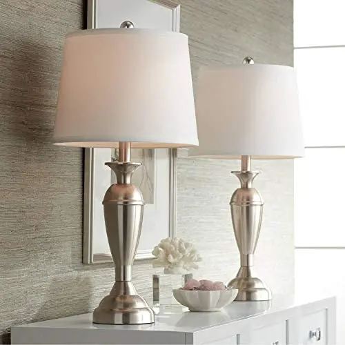 Blair Modern Table Lamps Set of 2 Brushed Steel Metal White Drum Shade for Living Room Family Bedroom Bedside Nightstand - Regency Hill Blair Modern Table Lamps Set of 2 Brushed Steel Metal White Drum Shade for Living Room Family Bedroom Bedside Nightstand - Regency Hill