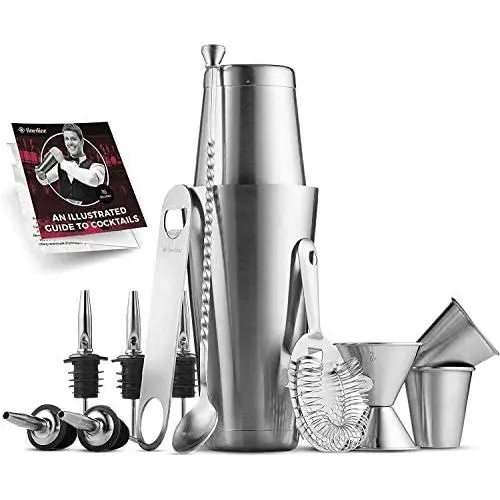 14-Piece Cocktail Shaker Set - Bar Tools - Stainless Steel Cocktail Shaker Set Bartender Kit, With All Bar Accessories, Cocktail Strainer, Double Jigger, Bar Spoon, Bottle Opener, Pour Spouts.
