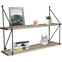 Sorbus Floating Shelf with Metal Brackets — Wall Mounted Rustic Wood Wall Storage, Decorative Hanging Display for Trophy, Photo Frames, Collectibles, and Much More (2-Tier – Grey)