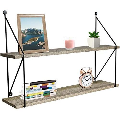 Sorbus Floating Shelf with Metal Brackets — Wall Mounted Rustic Wood Wall Storage, Decorative Hanging Display for Trophy, Photo Frames, Collectibles, and Much More (2-Tier – Grey)