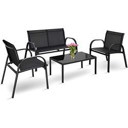 Tangkula 4 Piece Patio Furniture Outdoor Sofa Garden Lawn Sectional Conversation Set Outdoor Garden Poolside Glass Top Tea Coffee Table and Chairs with Smooth Armrest