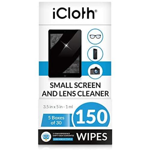 iCloth Lens and Screen Cleaner Pro-Grade Individually Wrapped Wet Wipes, Wipes for Cleaning Small Electronic Devices Like Smartphones and Tablets Box of 150