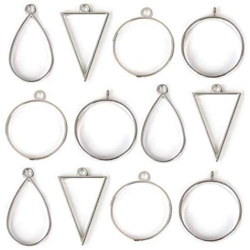 DROLE 40Pcs Antique Silver Open Back Bezel Pendants Assorted Geometric Hollow Frame Pendant Blanks for DIY Resin Crafts