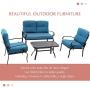 Oakmont Outdoor Furniture Patio Conversation Set Loveseat, 2 Chairs, Coffee Table with Cushion, Lawn Front Porch Garden, Metal Chair Set Wrought Iron Look (Peacock Blue)