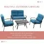 Oakmont Outdoor Furniture Patio Conversation Set Loveseat, 2 Chairs, Coffee Table with Cushion, Lawn Front Porch Garden, Metal Chair Set Wrought Iron Look (Peacock Blue)