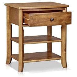 MUSEHOMEINC Rustic Wood 3-Tier Nightstand with Storage Shelf and Drawer for Bedroom or Living Room/Round Metal Knobs/Heritage Collection Furniture/End Table/Side Table, Teak Finish