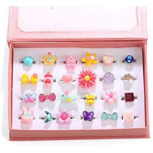 PinkSheep Little Girl Jewel Rings in Box, Adjustable, No Duplication, Girl Pretend Play and Dress Up Rings (24 Lovely Ring)