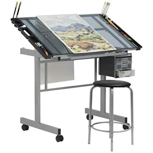 SD Studio Designs Studio Designs 2 Piece Vision Modern Metal Hobby, Craft, Drawing, Drafting Table, Mobile Desk with 40.75'' W x 25.75'' D Angle Adjustable Top in Silver/Blue Glass SD Studio Designs Studio Designs 2 Piece Vision Modern Metal Hobby, Craft, Drawing, Drafting Table, Mobile Desk with 40.75'' W x 25.75'' D Angle Adjustable Top in Silver/Blue Glass