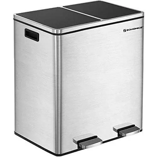 SONGMICS 16 Gallon Step Trash Can, Double Recycle Pedal Bin, 2 x 30L Garbage Bin with Plastic Inner Buckets and Carry Handles, Fingerprint Proof Stainless Steel, Slow Close ULTB60NL