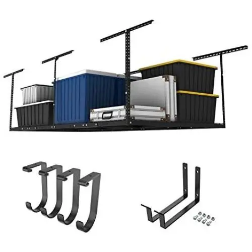 FLEXIMOUNTS 4x8 Overhead Garage Storage Rack w/Hooks Adjustable Ceiling Storage Rack, 96'' Length x 48'' Width x 40'' Height, 22-40'' Ceiling Dropdown, Black FLEXIMOUNTS 4x8 Overhead Garage Storage Rack w/Hooks Adjustable Ceiling Storage Rack, 96'' Length x 48'' Width x 40'' Height, 22-40'' Ceiling Dropdown, Black