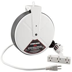 Steelman White 30-Foot Cord 13 Amp Tri-Tap Reel, 16-gauge Sheet Metal Reel Housing, 120V, 60Hz Inline Circuit Breaker, Housing Hooks into Garage or Auto Shop Ceiling