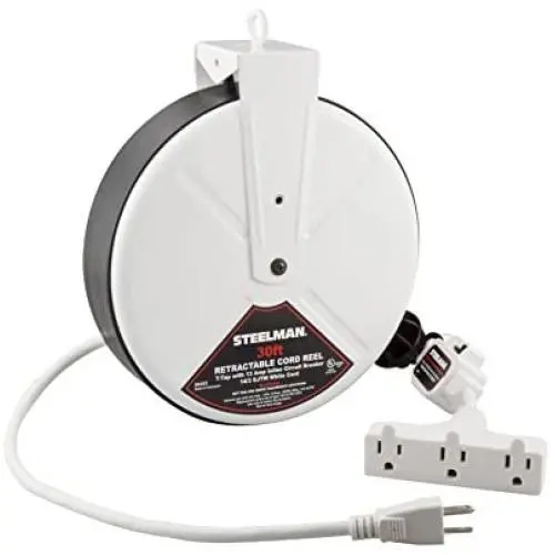 Steelman White 30-Foot Cord 13 Amp Tri-Tap Reel, 16-gauge Sheet Metal Reel Housing, 120V, 60Hz Inline Circuit Breaker, Housing Hooks into Garage or Auto Shop Ceiling Steelman White 30-Foot Cord 13 Amp Tri-Tap Reel, 16-gauge Sheet Metal Reel Housing, 120V, 60Hz Inline Circuit Breaker, Housing Hooks into Garage or Auto Shop Ceiling