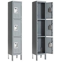 INVIE Metal Locker for School Steel Storage Cabinet for Employees Home Office Gym and Lobby Lounge with 3 Door 3 Tier Gray