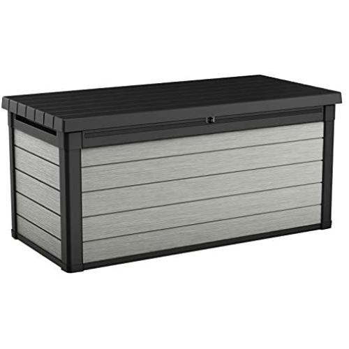 Keter Denali 150 Gallon Resin Large Deck Box-Organization and Storage for Patio Furniture, Outdoor Cushions, Garden Tools and Pool Toys, Grey & Black