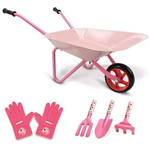 Hortem 5PCS Kids Wheelbarrow Set, Metal Construction Kids Wheel Barrel and Kids Garden Tools,Kids Gardening Glove, Gifts for Children (Pink)