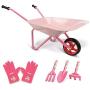 Hortem 5PCS Kids Wheelbarrow Set, Metal Construction Kids Wheel Barrel and Kids Garden Tools,Kids Gardening Glove, Gifts for Children (Pink)