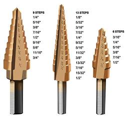 Step Drill Bit Kit, Zhushan 3Pcs Set High Speed Steel Titanium Step Drill Bit,Double Cutting Blades,Short Length Drill Bits for Sheet Metal Hole Drilling