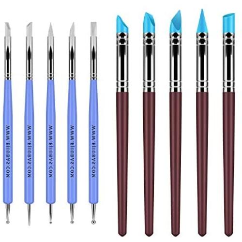 Ejiubas Clay Sculpting Tools Polymer Stylus Tool Set 5 X 2 Way Dotting Tool Modeling Clay 5 Pcs Rubber Brushes Wipe Out Tool Pottery Supplies Ceramics Tool Kit 10Pcs