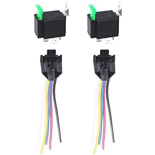 ESUPPORT 12V 30A Car Motor 14AWG Heavy Duty Relay Socket Plug 5Pin Fuse Switch On/Off SPDT Wire Harness Metal Pack of 2